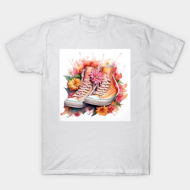 Sneakers With Flowers Watercolour Painting T-Shirt by Vibrant Vista